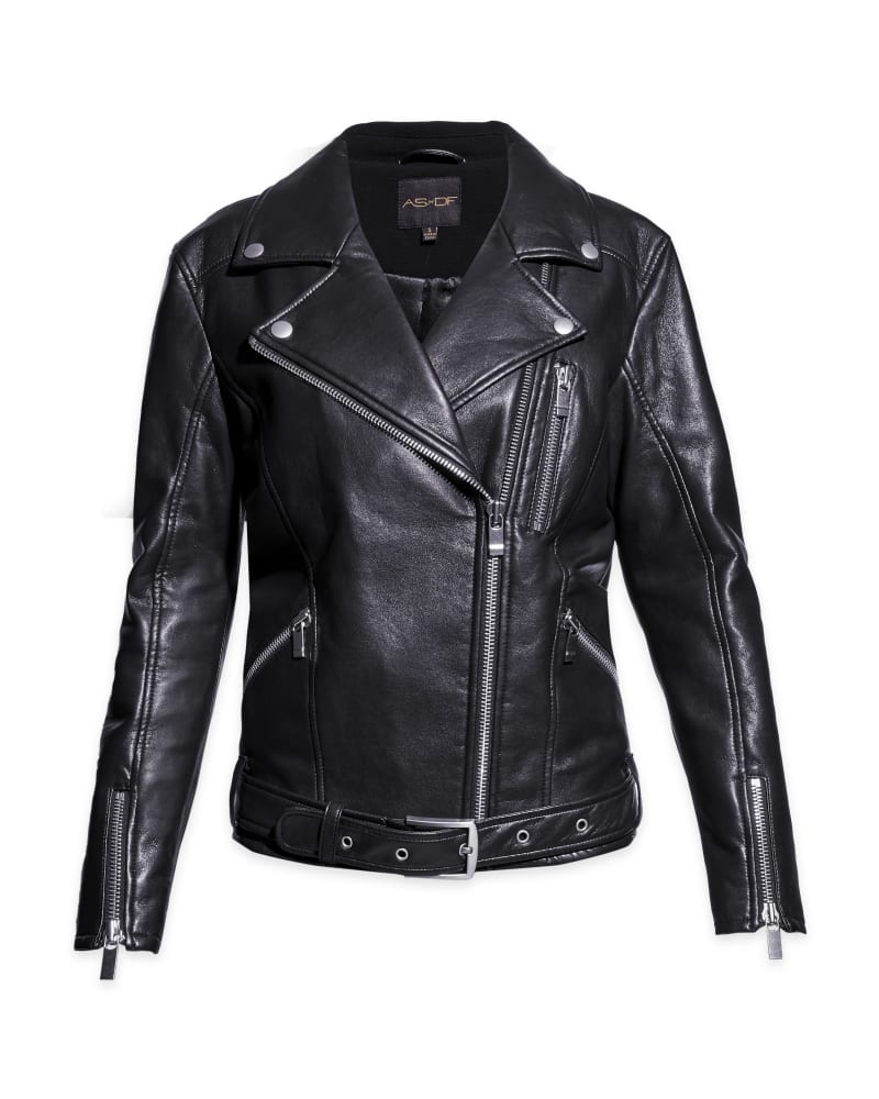 Front of a size 2XL Brando Recycled Leather Boyfriend Jacket in Black by AS by DF. | dia_product_style_image_id:299414